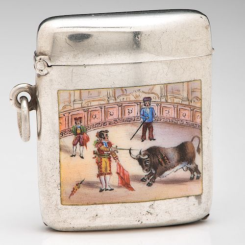 .800 Silver Match Safe with Enameled Bullfighting Scene