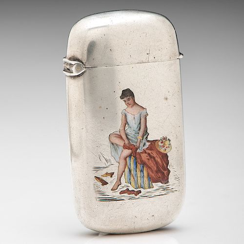 .800 Silver Match Safe with Enameled Lady Undressing