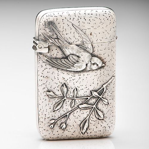 .French .800 Silver Match Safe with Repoussé Bird and Branch Decoration 
