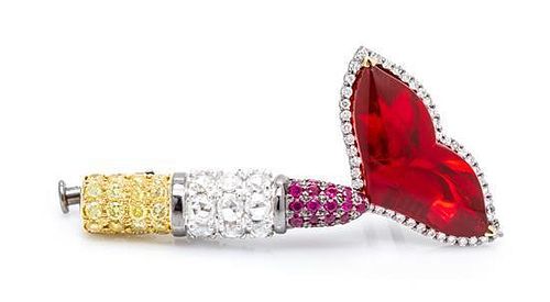 * An 18 Karat White Gold, Fire Opal, Diamond, Colored Diamond and Pink Sapphire Brooch, Michael Youssoufian, 5.70 dwts.