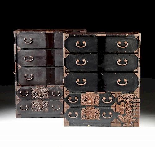 TWO JAPANESE IRON MOUNTED BLACK LACQUERED PERSIMMON WOOD TONSU CHESTS, POSSIBLY MEIJI PERIOD (1868-1912),