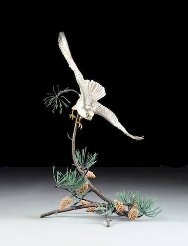 A LIMITED ISSUE BOEHM POLYCHROME ENAMELED  PORCELAIN AND COLD PAINTED BRONZE SCULPTURE,  "HOBBY  WITH PINE CONES, FALCO SUBBUTEO," NUMBERED 64024, 50/