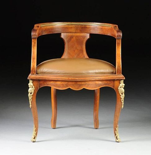 A LOUIS REVIVAL GILT BRONZE MOUNTED MAHOGANY AND TULIPWOOD PARQUETRY DESK CHAIR, LATE 19TH/EARLY 20TH CENTURY,