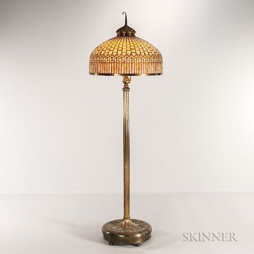 Tiffany Studios Bronze and Leaded Glass Curtain Border Floor Lamp