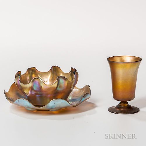 Tiffany Favrile Glass Plate, Bowl, and Cup