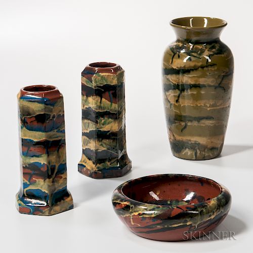 Three Peters & Reed Pottery Vases and Bowl