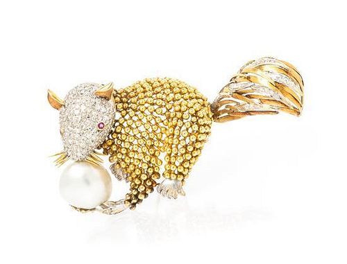 * An 18 Karat Gold, Diamond, Ruby and Pearl Squirrel Brooch, 22.40 dwts.