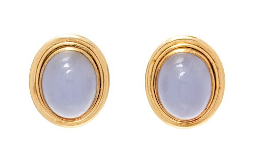 A Pair of 14 Karat Yellow Gold and Blue Chalcedony Earclips, 7.35 dwts.