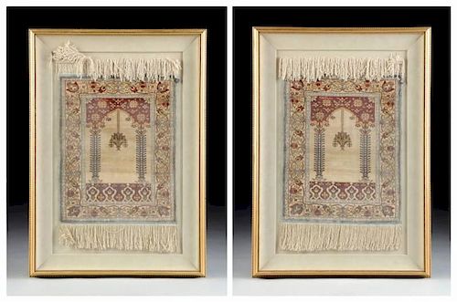 A PAIR OF DIMINUTIVE HIRAKEM SILK RUGS, EACH SIGNED AND FRAMED, LATE 20TH CENTURY,
