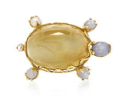 * A Yellow Gold, Chrysoberyl Cat's Eye, Star Sapphire and Diamond Turtle Pendant/Brooch, 15.30 dwts.
