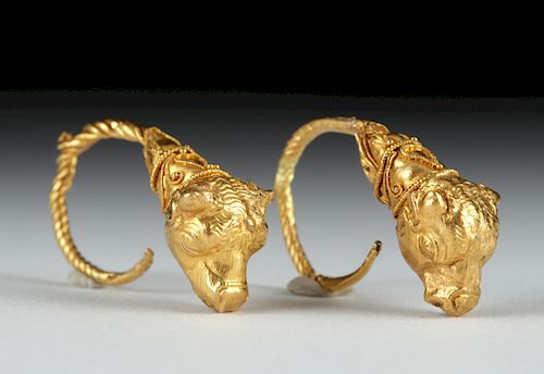 Pair of Roman 18K Gold Earrings - Bull Heads, 4.1 g