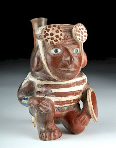 Masterpiece Moche Pottery Warrior w/ 14K Gold & Lapis