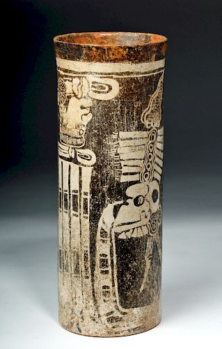 Tall Mayan Codex Pottery Cylinder w/ Skeletal God A