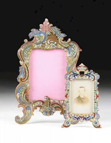 TWO FRENCH POLYCHROME CHAMPLEVÉ BRONZE PHOTOGRAPH PICTURE FRAMES, LATE 19TH/EARLY 20TH CENTURY,
