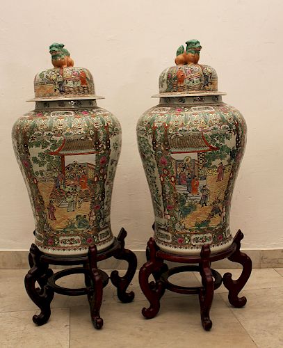 Pair of Cantonese Familie Verte Guardian  Vases