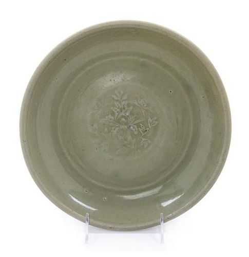 A Chinese Longquan Celadon Glazed Porcelain Plate Diameter 10 1/2 inches.