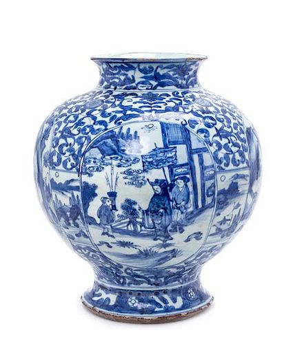 A Rare Chinese Delft-Style Blue and White Porcelain Jar Height 14 1/4 inches.
