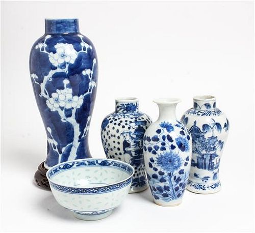 * Five Chinese Blue and White Porcelain Articles Height of tallest 9 inches.