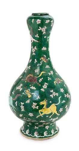 A Large Chinese Famille Verte Porcelain Bottle Vase Height 17 1/2 inches.