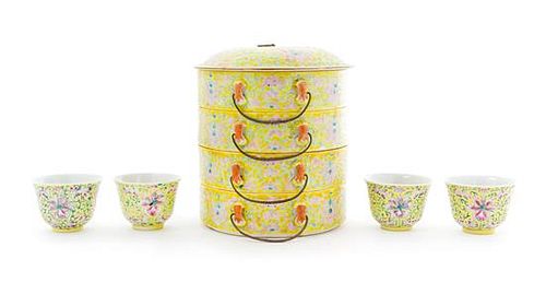 Five Chinese Famille Jaune Porcelain Articles Height of the tallest 8 inches.
