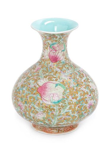 A Chinese Gilt Decorated Famille Rose Porcelain Vase Height 7 1/4 inches.