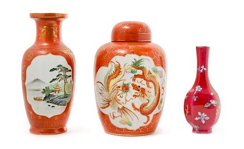 Three Chinese Red Glazed Porcelain Articles Height of tallest 8 inches.