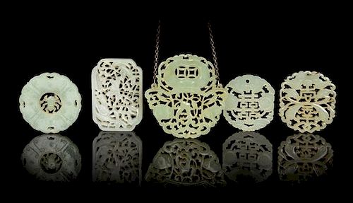 Five Chinese Celadon Jade Pendants Length of largest 3 inches.