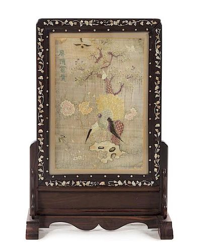 * A Chinese Embroidered Silk Panel Inset Table Screen Height 29 inches.