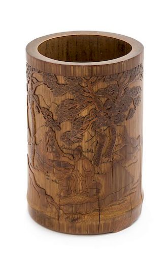 A Chinese Carved Bamboo Brushpot Height 7 inches.