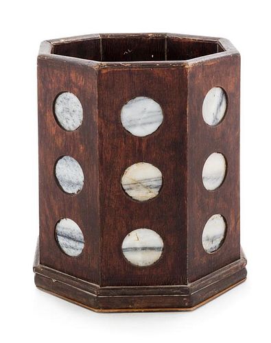 A Large Chinese Marble Inset Hardwood Brushpot Height 11 3/4 inches.