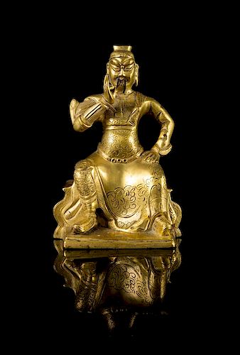 A Chinese Gilt Bronze Figure of Guangong Height 5 1/2 inches.