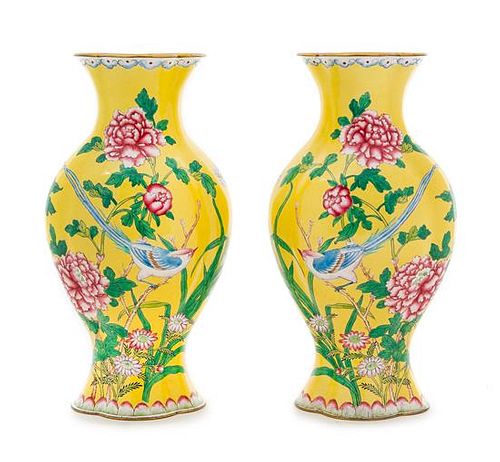 A Pair of Chinese Enamel on Copper Vases Height of each 8 1/4 inches.
