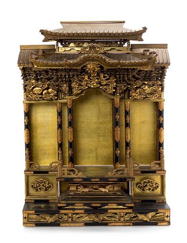 A Japanese Gilt Laquered Wood Shrine 28 1/2 x 21 x 7 1/2 inches.