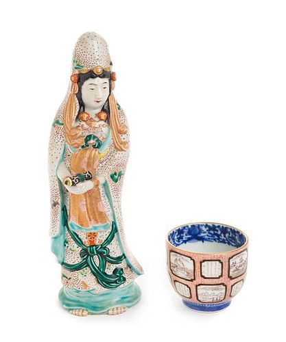 Two Japanese Polychrome Enameled Porcelain Articles Height of taller 11 1/4 inches.