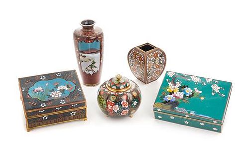 Five Japanese Cloisonne Enamel Articles Length of largest 5 1/2 inches.