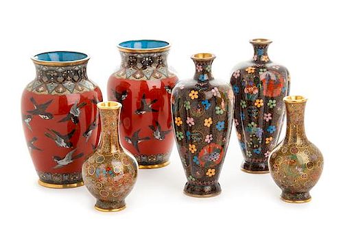 Three Pairs of Japanese Cloisonne Enamel Vases Height of tallest 5 1/4 inches.