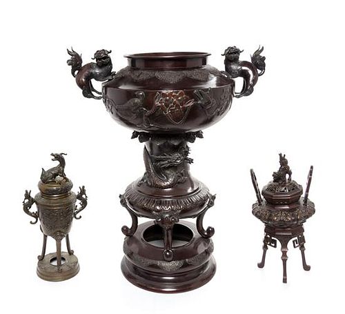 Three Japanese Bronze Incense Burners Height of largest 24 inches.