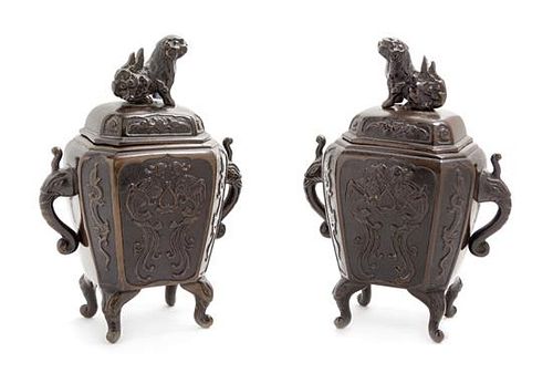 A Pair of Japanese Bronze Incense Burners Height 6 3/4 inches.