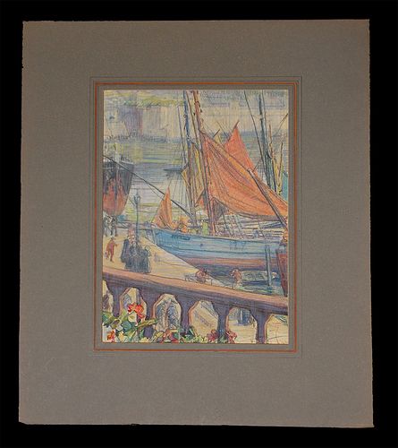 Crawford, Earl Stetson,  American 1877-1965,(Sardine Boat in Port probably Brittany Viewed from Floral Balcony), 