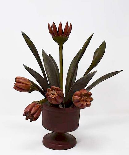 Carved wooden pot of flowers by Frank Finney