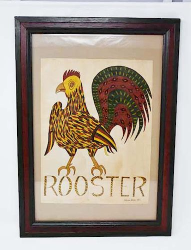 Folk art watercolor of a rooster