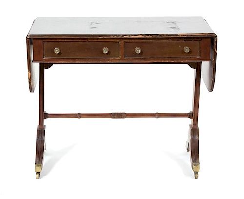 A Regency Style Mahogany Drop Leaf Sofa Table Height 29 1/2 x width 49 1/4 x depth 24 inches.