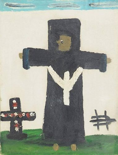 CLEMENTINE HUNTER (American 1888-1988) A PAINTING, "Black Jesus on The Cross," together with a framed certificate, "Hall of Fame,"