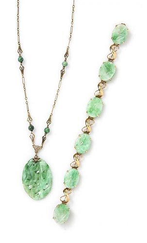A Collection of Yellow Gold and Jade Jewelry, 14.30 dwts.