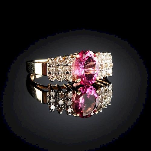 A 14K YELLOW GOLD, LE VIAN PINK TOURMALINE, AND DIAMOND LADY'S RING,
