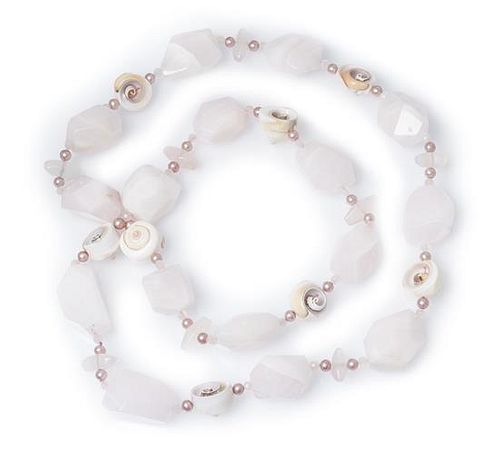 * A Pink Manganoan Calcite, Shell, Rose Quartz and Cultured Pearl Necklace,