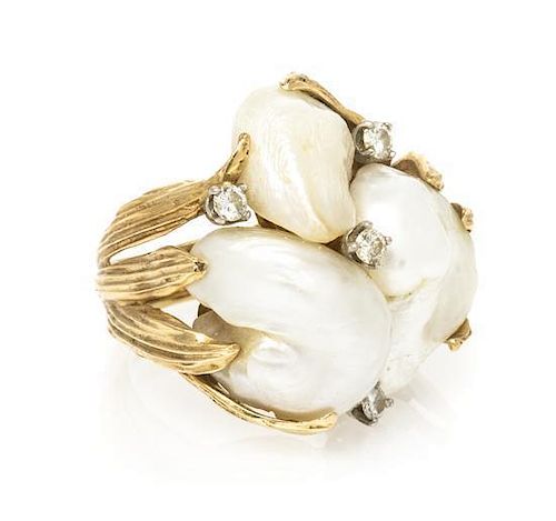 * A 14 Karat Yellow Gold, Diamond and Cultured Freshwater Pearl Ring, 8.90 dwts.