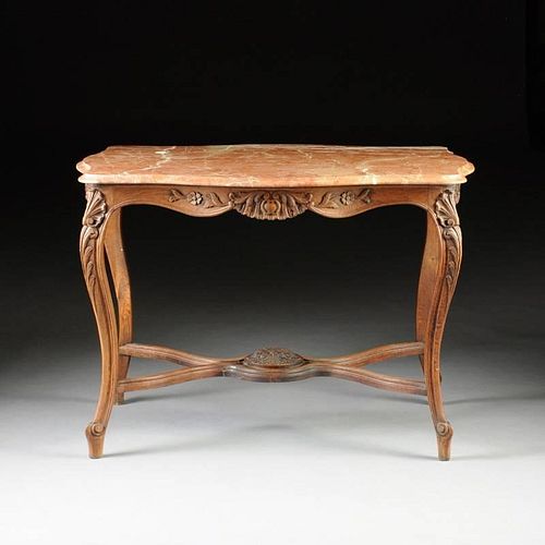 A REGENCE STYLE MARBLE TOPPED CARVED WALNUT TABLE DE MILIEU, LATE 19TH CENTURY,
