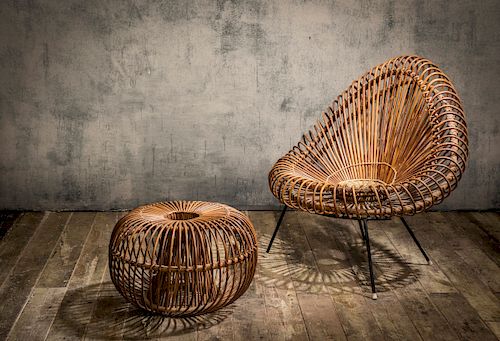 Wicker chair and ottoman, c. 1955