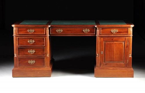 A WILLIAM IV STYLE CARVED MAHOGANY TWO PEDESTAL DESK, LATE 20TH CENTURY,
